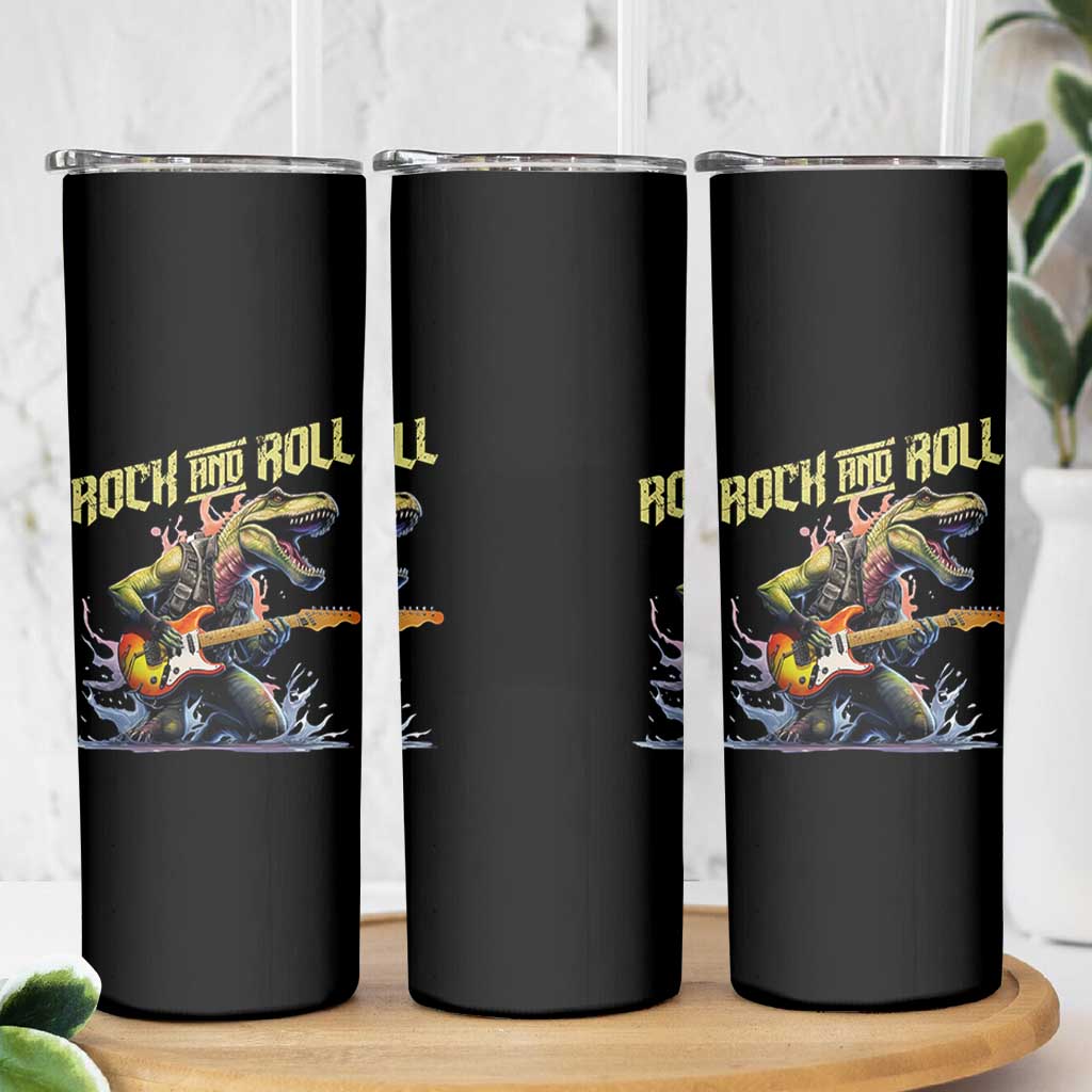 Rock And Roll Skinny Tumbler Funny Dionasaur Playing Guitar - Wonder Print Shop