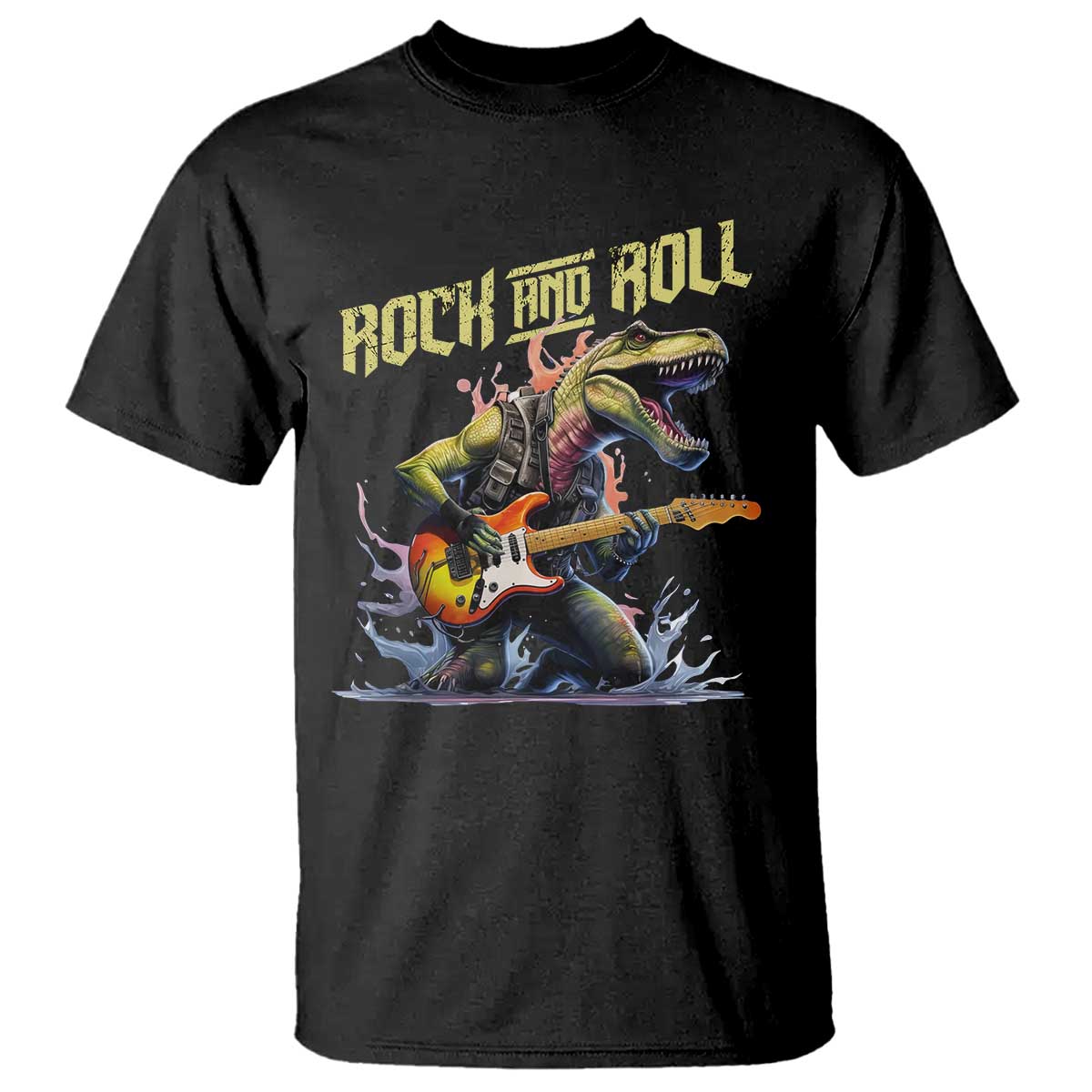 Rock And Roll T Shirt Funny Dionasaur Playing Guitar - Wonder Print Shop