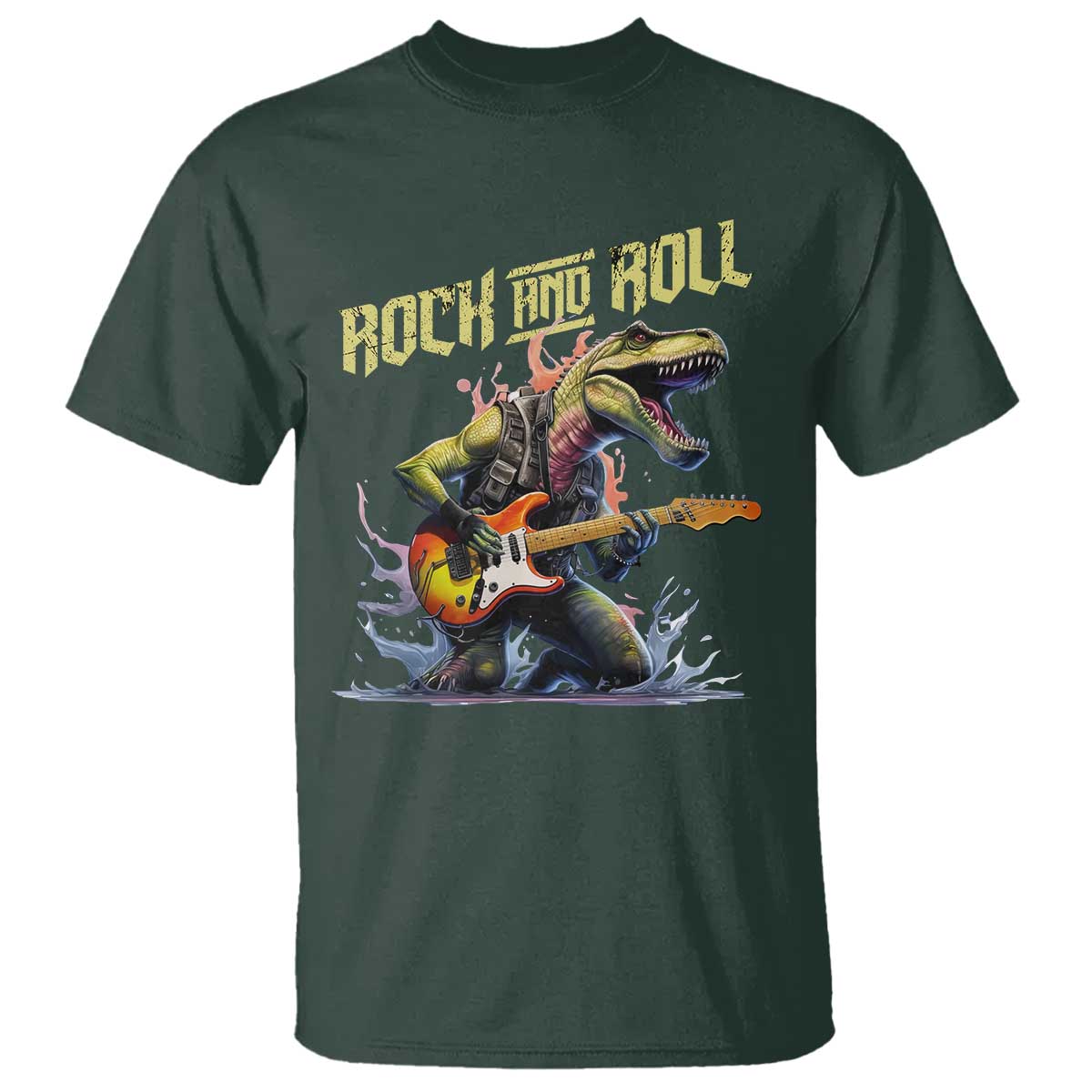 Rock And Roll T Shirt Funny Dionasaur Playing Guitar - Wonder Print Shop