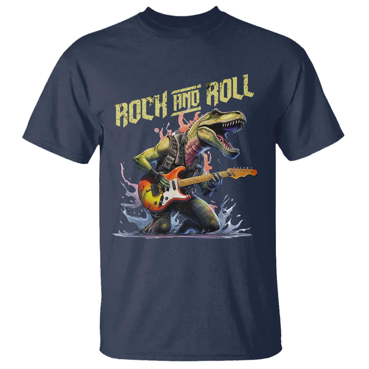 Rock And Roll T Shirt Funny Dionasaur Playing Guitar - Wonder Print Shop