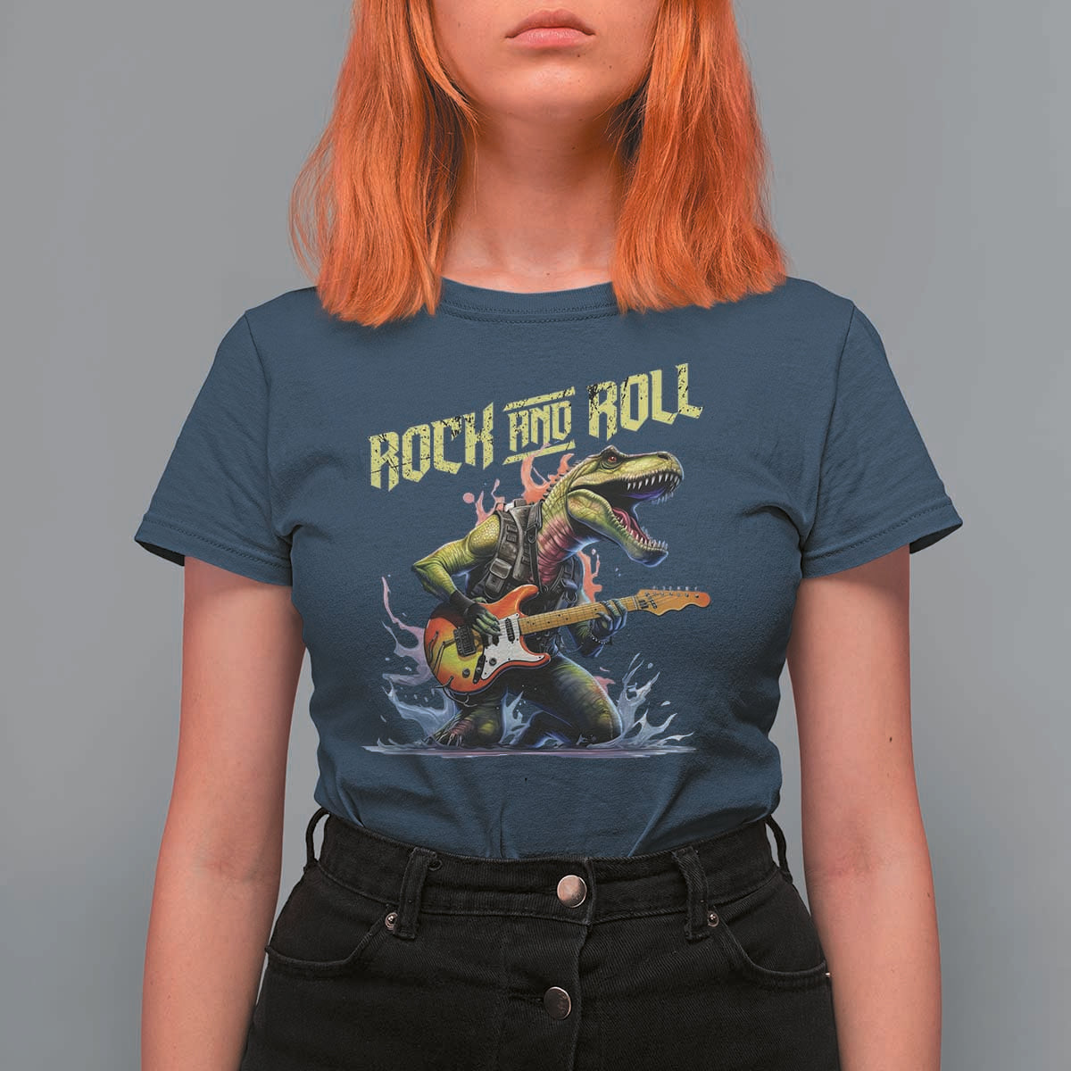 Rock And Roll T Shirt For Women Funny Dionasaur Playing Guitar - Wonder Print Shop
