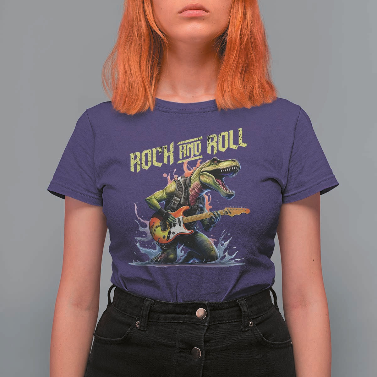 Rock And Roll T Shirt For Women Funny Dionasaur Playing Guitar - Wonder Print Shop