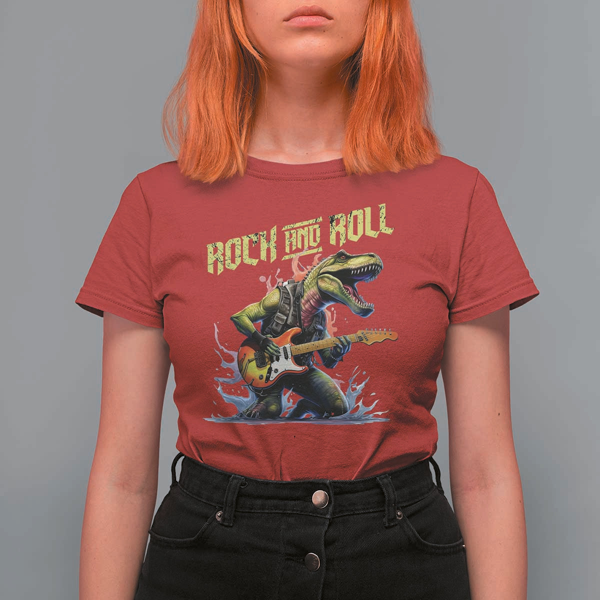Rock And Roll T Shirt For Women Funny Dionasaur Playing Guitar - Wonder Print Shop