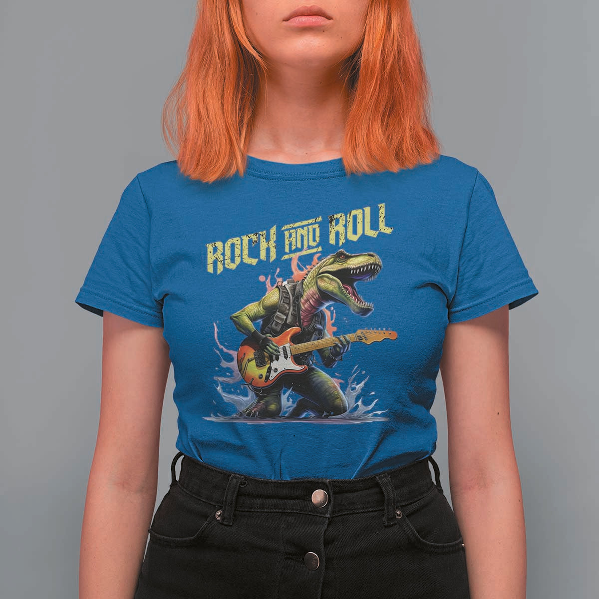 Rock And Roll T Shirt For Women Funny Dionasaur Playing Guitar - Wonder Print Shop