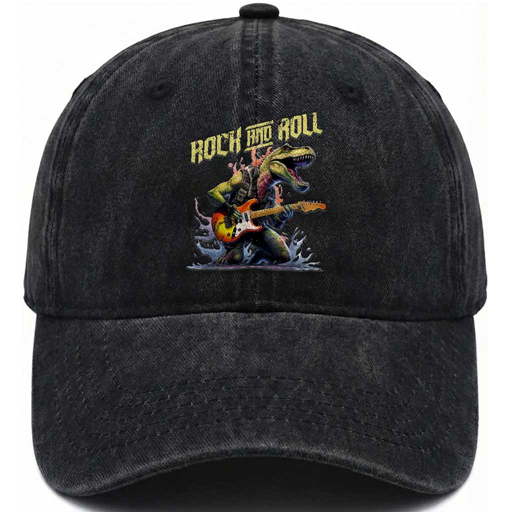 Rock And Roll Washed Cotton Baseball Cap Funny Dionasaur Playing Guitar