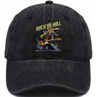 Rock And Roll Washed Cotton Baseball Cap Funny Dionasaur Playing Guitar
