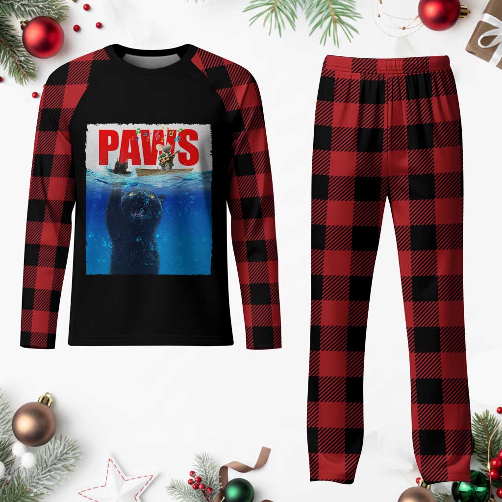 Funny Black Cat Plaid Pajama Set PAWS Parody Kitten Mouse Humorous - Wonder Print Shop