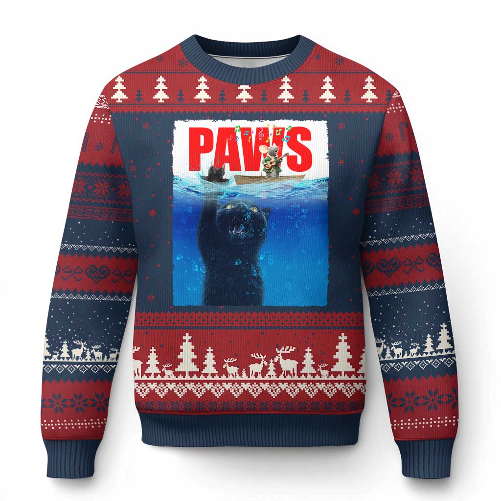 Funny Black Cat Ugly Christmas Sweater PAWS Parody Kitten Mouse Humorous - Wonder Print Shop