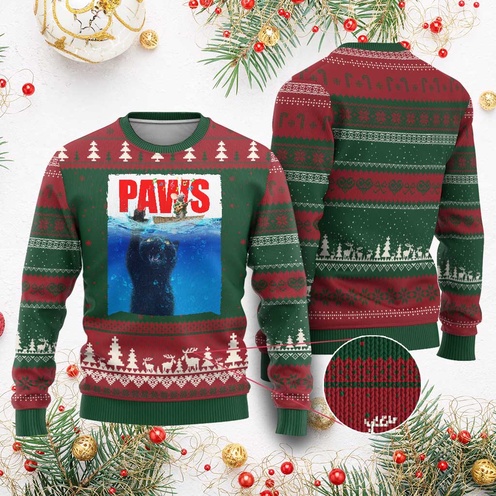 Funny Black Cat Ugly Christmas Sweater PAWS Parody Kitten Mouse Humorous - Wonder Print Shop