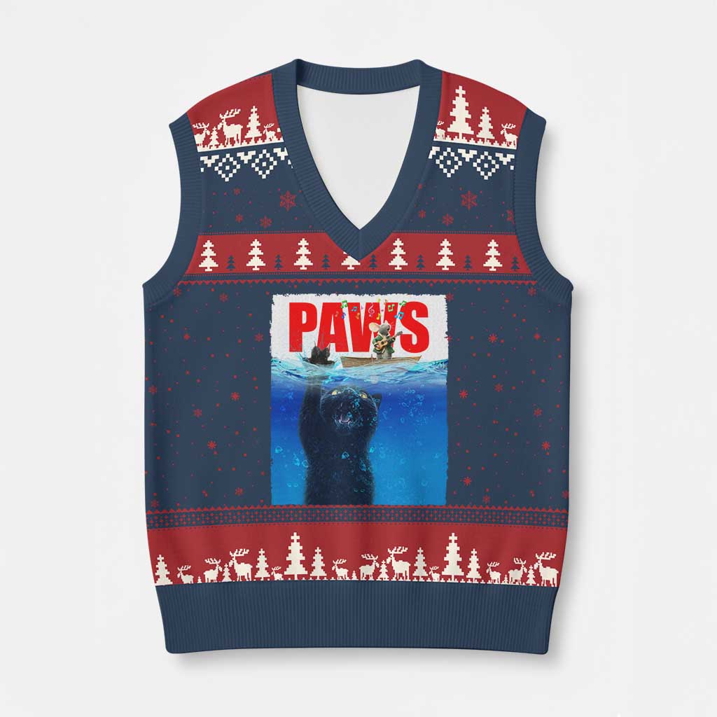 Funny Black Cat V-Neck Knit Sweater Vest PAWS Parody Kitten Mouse Humorous - Wonder Print Shop