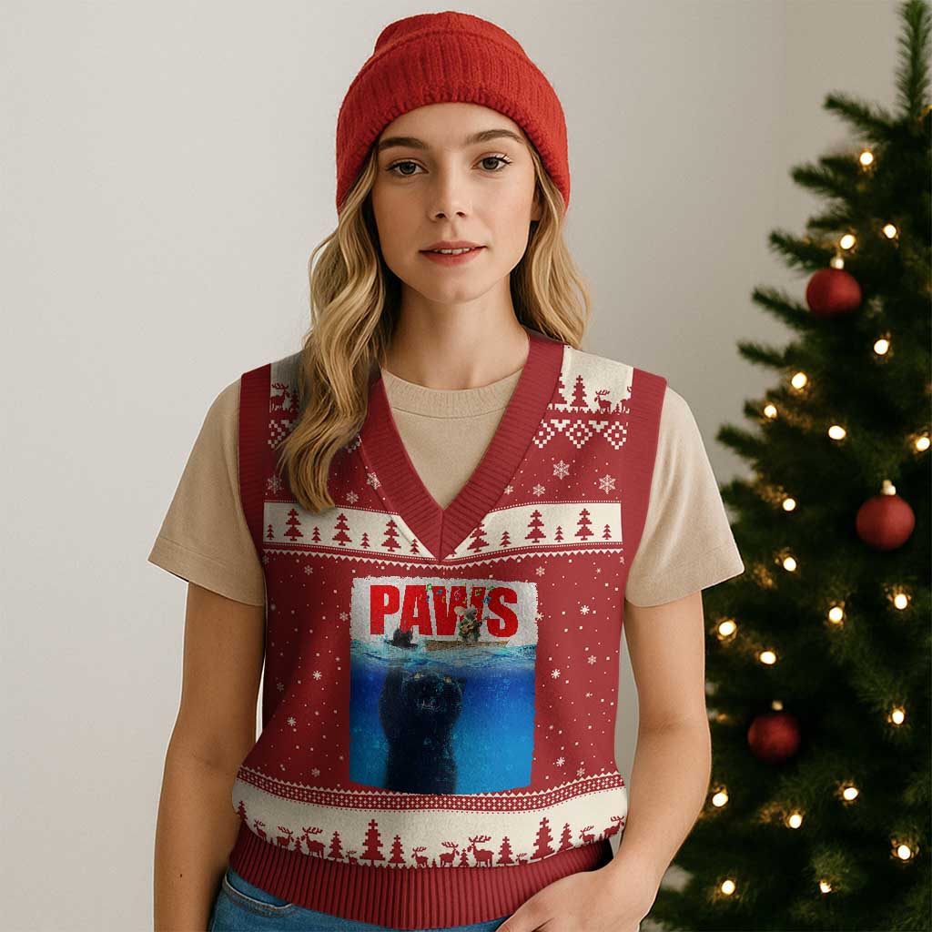 Funny Black Cat V-Neck Knit Sweater Vest PAWS Parody Kitten Mouse Humorous - Wonder Print Shop