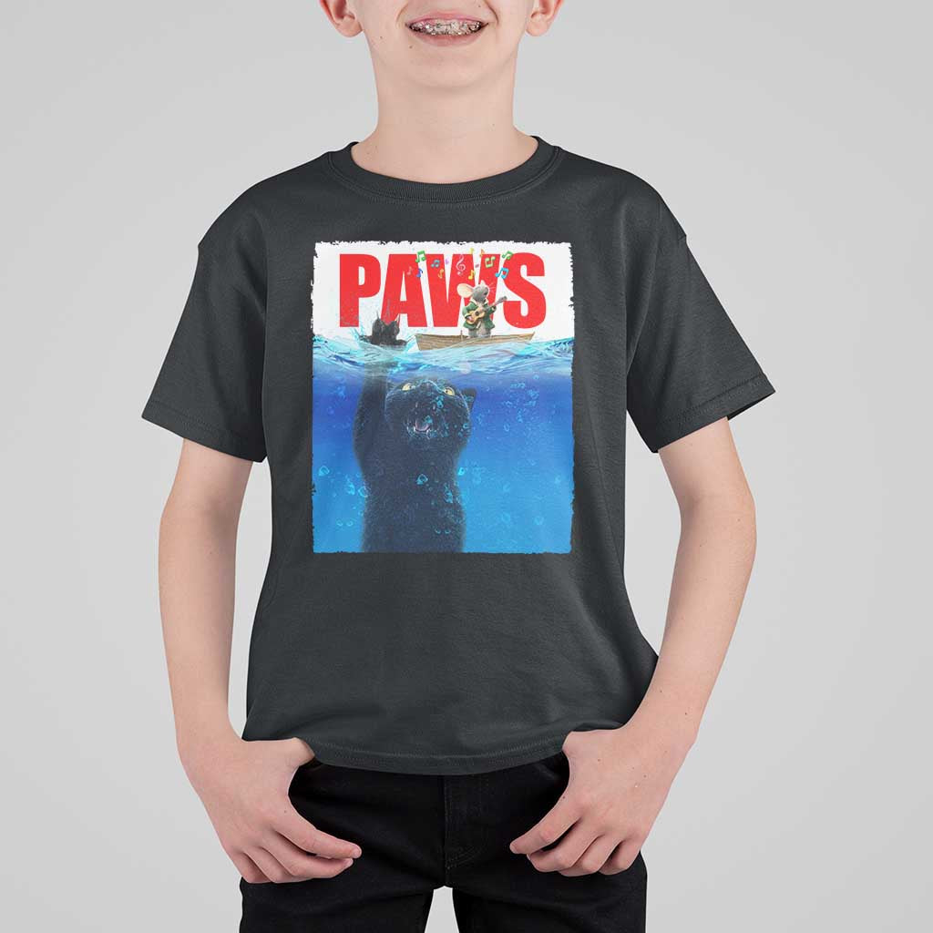 Funny Black Cat T Shirt For Kid PAWS Parody Kitten Mouse Humorous - Wonder Print Shop