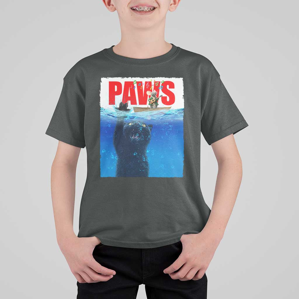 Funny Black Cat T Shirt For Kid PAWS Parody Kitten Mouse Humorous - Wonder Print Shop