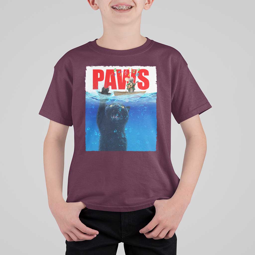 Funny Black Cat T Shirt For Kid PAWS Parody Kitten Mouse Humorous - Wonder Print Shop