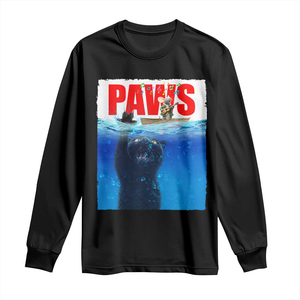 Funny Black Cat Long Sleeve Shirt PAWS Parody Kitten Mouse Humorous - Wonder Print Shop
