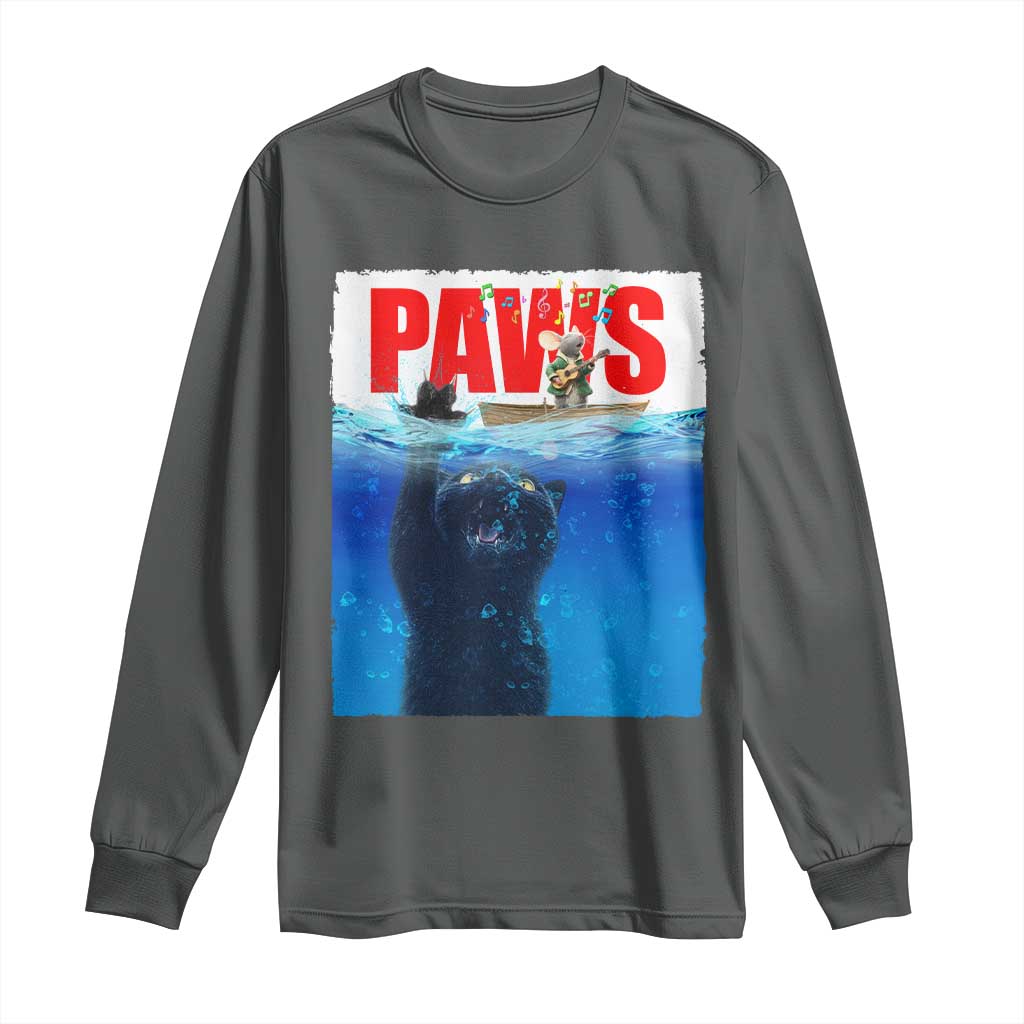 Funny Black Cat Long Sleeve Shirt PAWS Parody Kitten Mouse Humorous - Wonder Print Shop