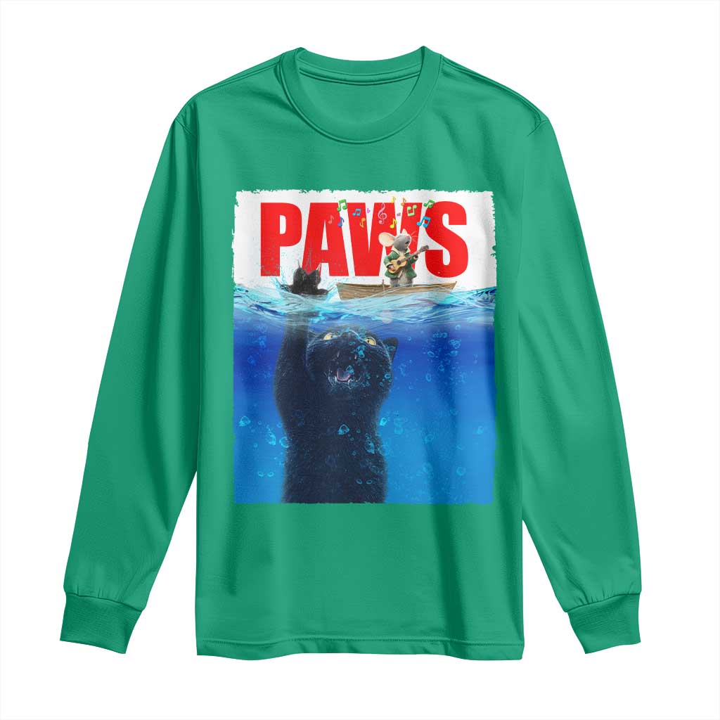 Funny Black Cat Long Sleeve Shirt PAWS Parody Kitten Mouse Humorous - Wonder Print Shop