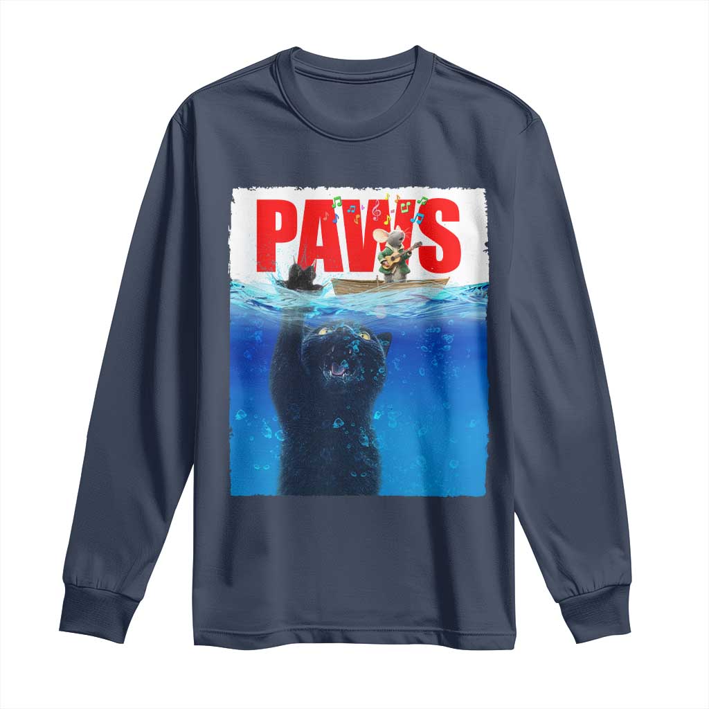 Funny Black Cat Long Sleeve Shirt PAWS Parody Kitten Mouse Humorous - Wonder Print Shop
