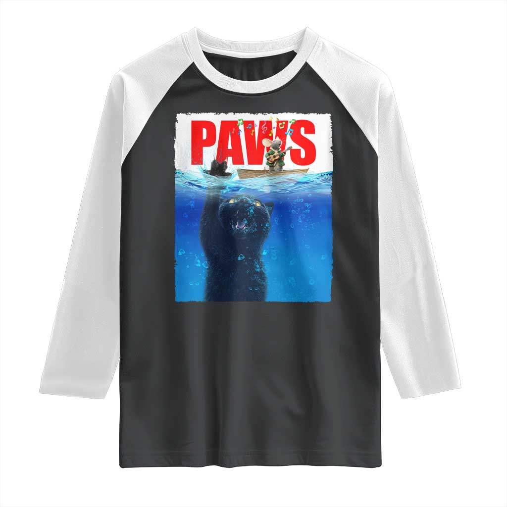 Funny Black Cat Raglan Shirt PAWS Parody Kitten Mouse Humorous - Wonder Print Shop