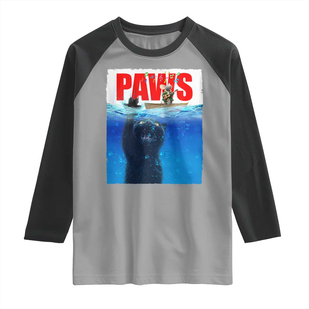 Funny Black Cat Raglan Shirt PAWS Parody Kitten Mouse Humorous - Wonder Print Shop