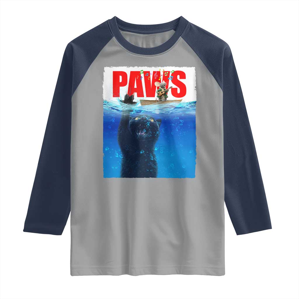 Funny Black Cat Raglan Shirt PAWS Parody Kitten Mouse Humorous - Wonder Print Shop
