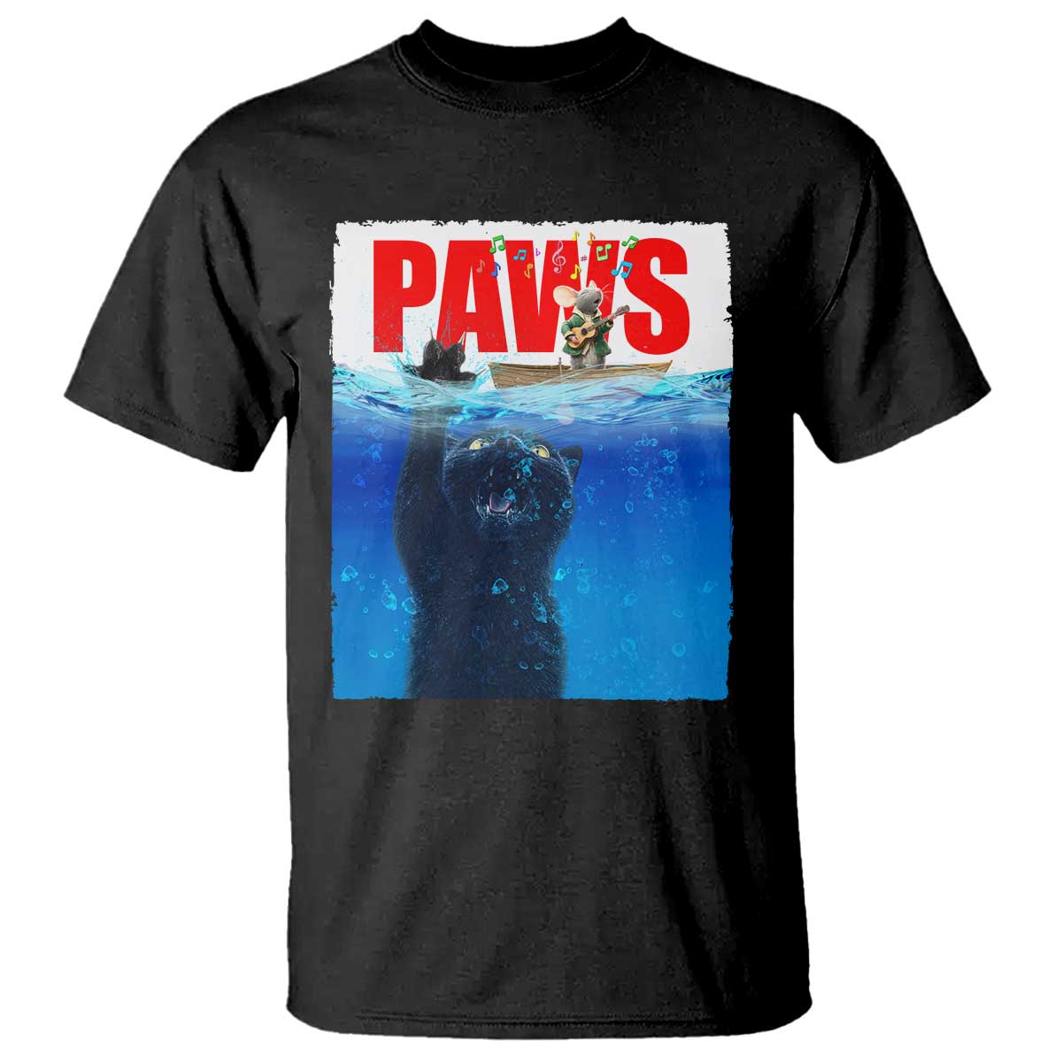 Funny Black Cat T Shirt PAWS Parody Kitten Mouse Humorous - Wonder Print Shop