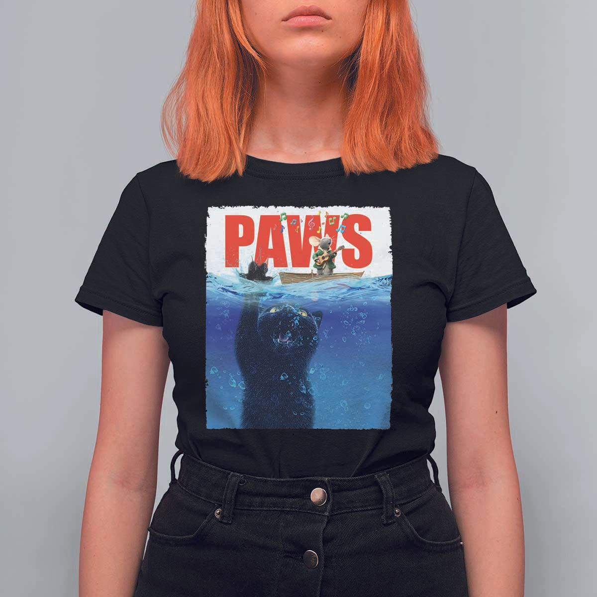 Funny Black Cat T Shirt For Women PAWS Parody Kitten Mouse Humorous - Wonder Print Shop