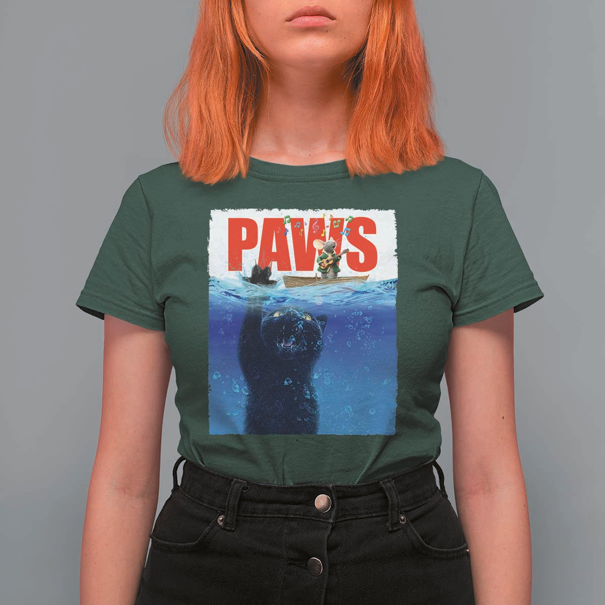 Funny Black Cat T Shirt For Women PAWS Parody Kitten Mouse Humorous - Wonder Print Shop