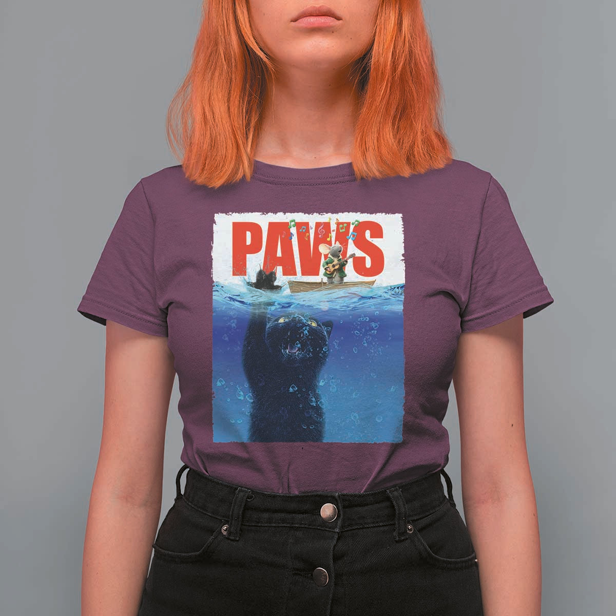 Funny Black Cat T Shirt For Women PAWS Parody Kitten Mouse Humorous - Wonder Print Shop