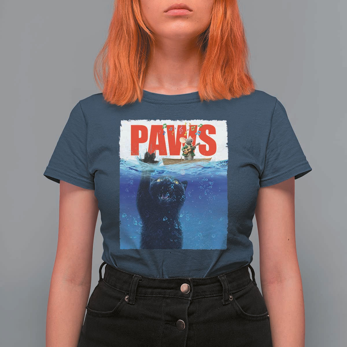 Funny Black Cat T Shirt For Women PAWS Parody Kitten Mouse Humorous - Wonder Print Shop