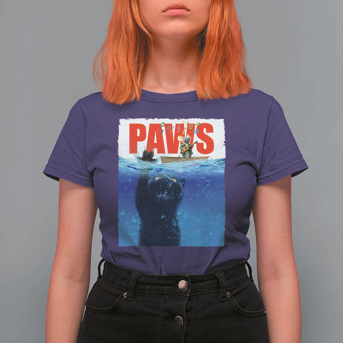 Funny Black Cat T Shirt For Women PAWS Parody Kitten Mouse Humorous - Wonder Print Shop