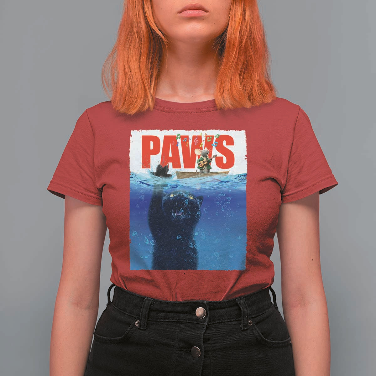 Funny Black Cat T Shirt For Women PAWS Parody Kitten Mouse Humorous - Wonder Print Shop