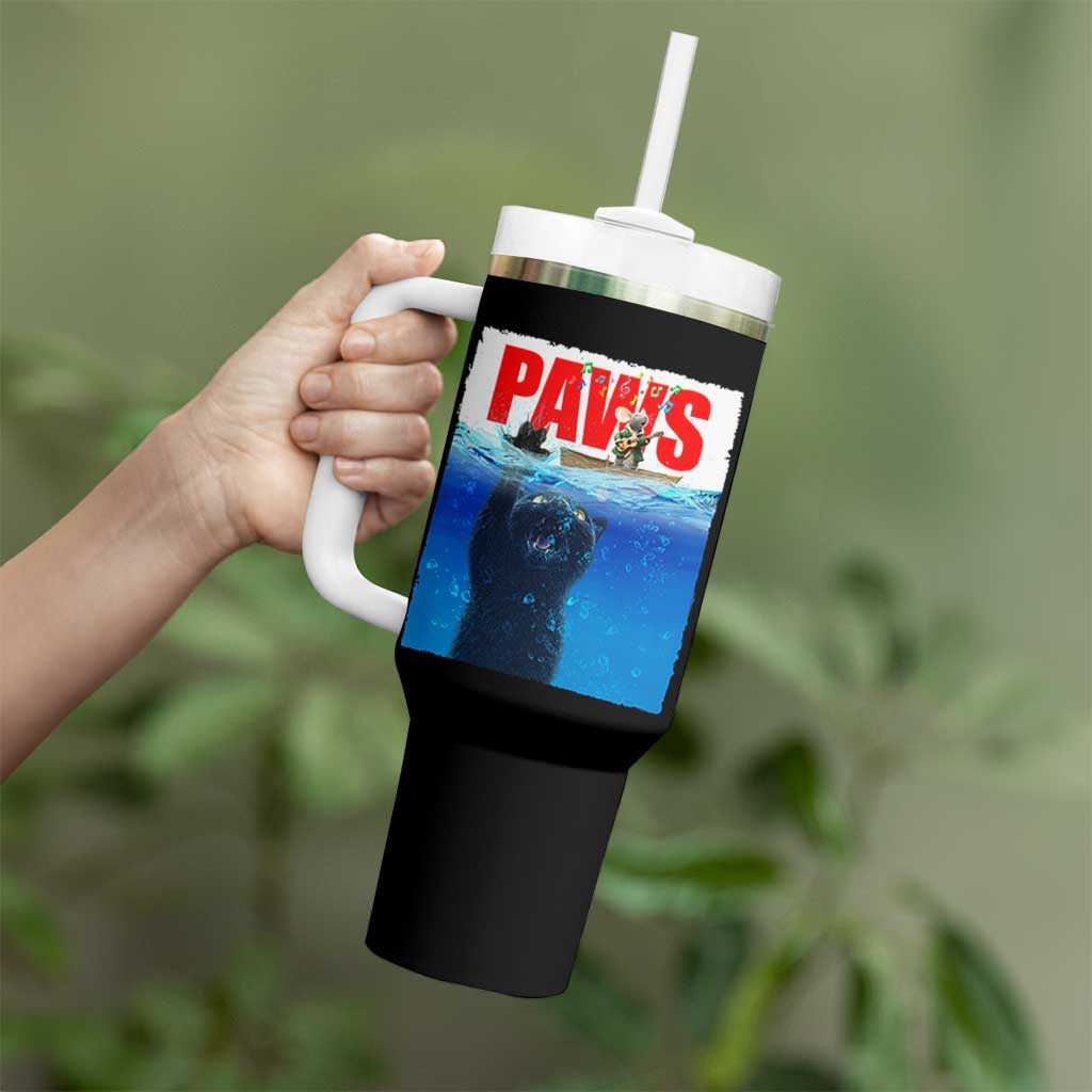 Funny Black Cat Tumbler With Handle PAWS Parody Kitten Mouse Humorous - Wonder Print Shop