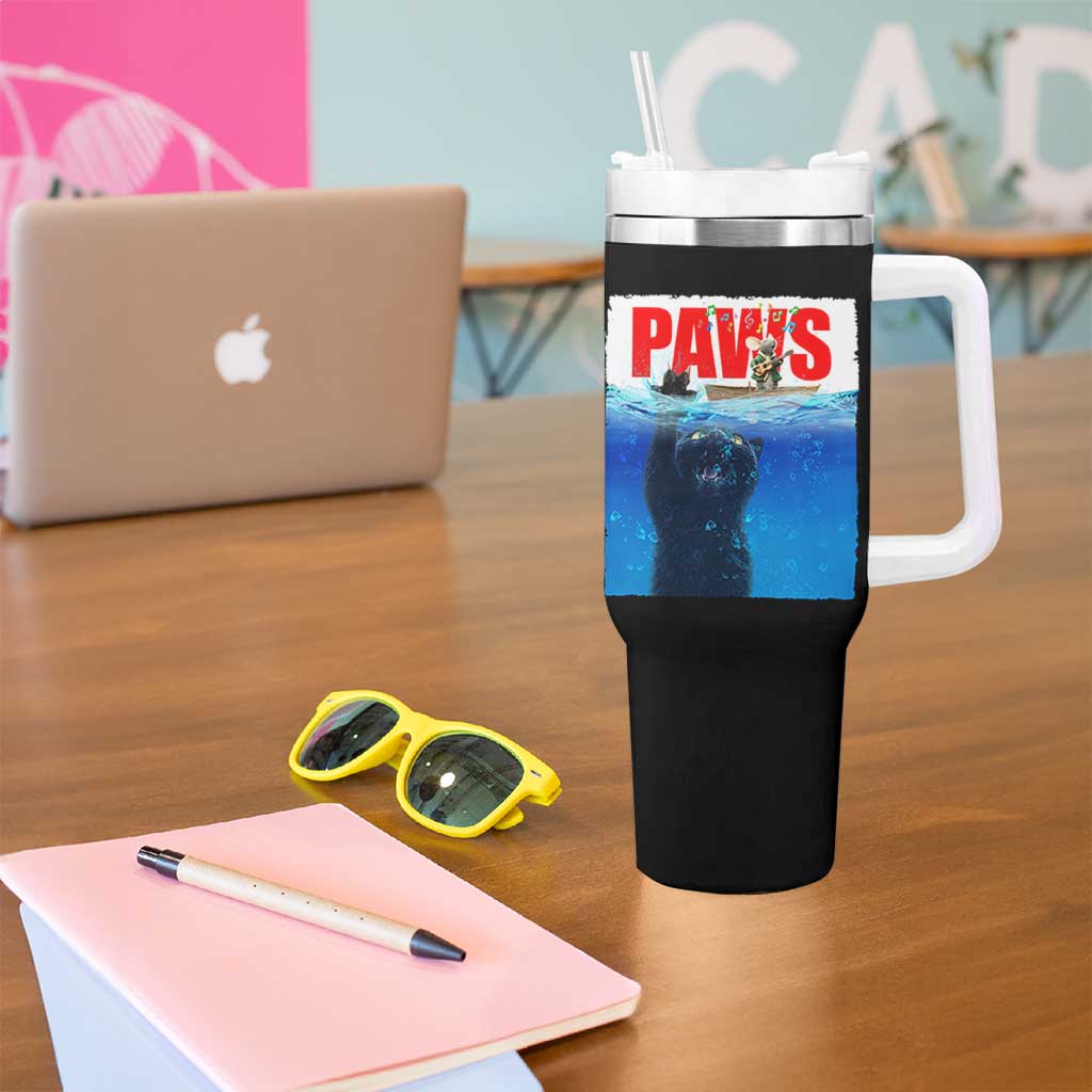 Funny Black Cat Tumbler With Handle PAWS Parody Kitten Mouse Humorous - Wonder Print Shop