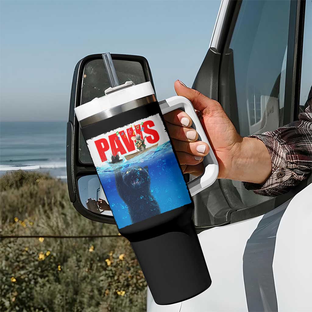 Funny Black Cat Tumbler With Handle PAWS Parody Kitten Mouse Humorous - Wonder Print Shop