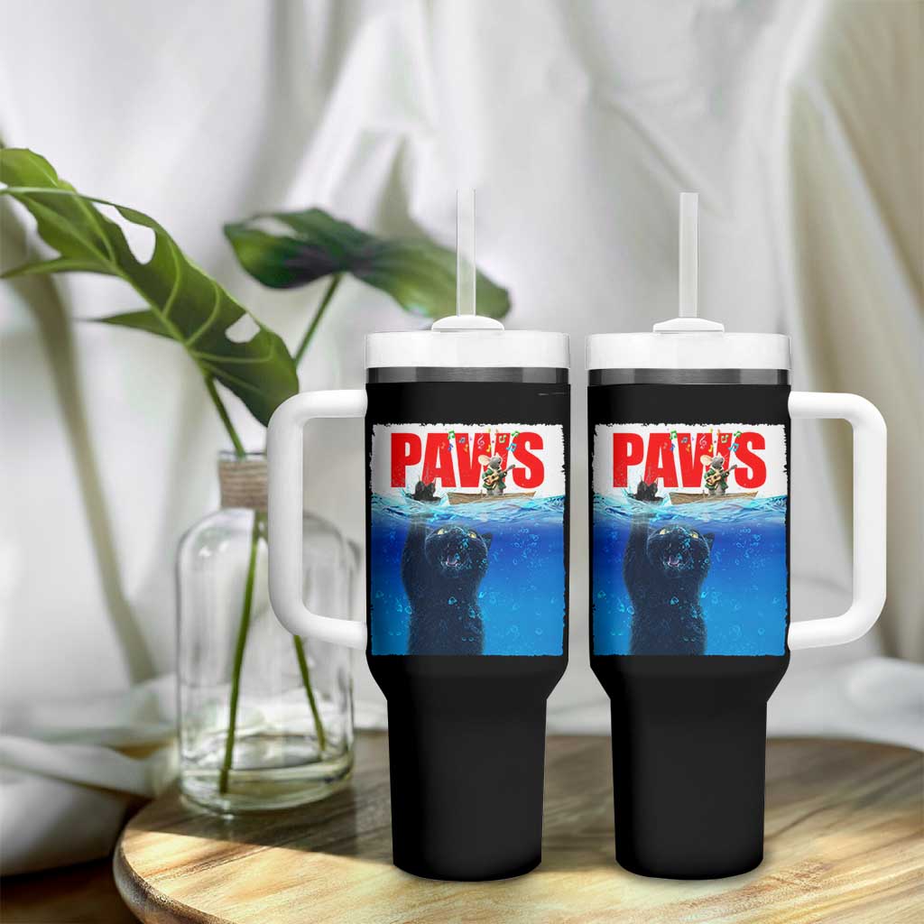 Funny Black Cat Tumbler With Handle PAWS Parody Kitten Mouse Humorous - Wonder Print Shop