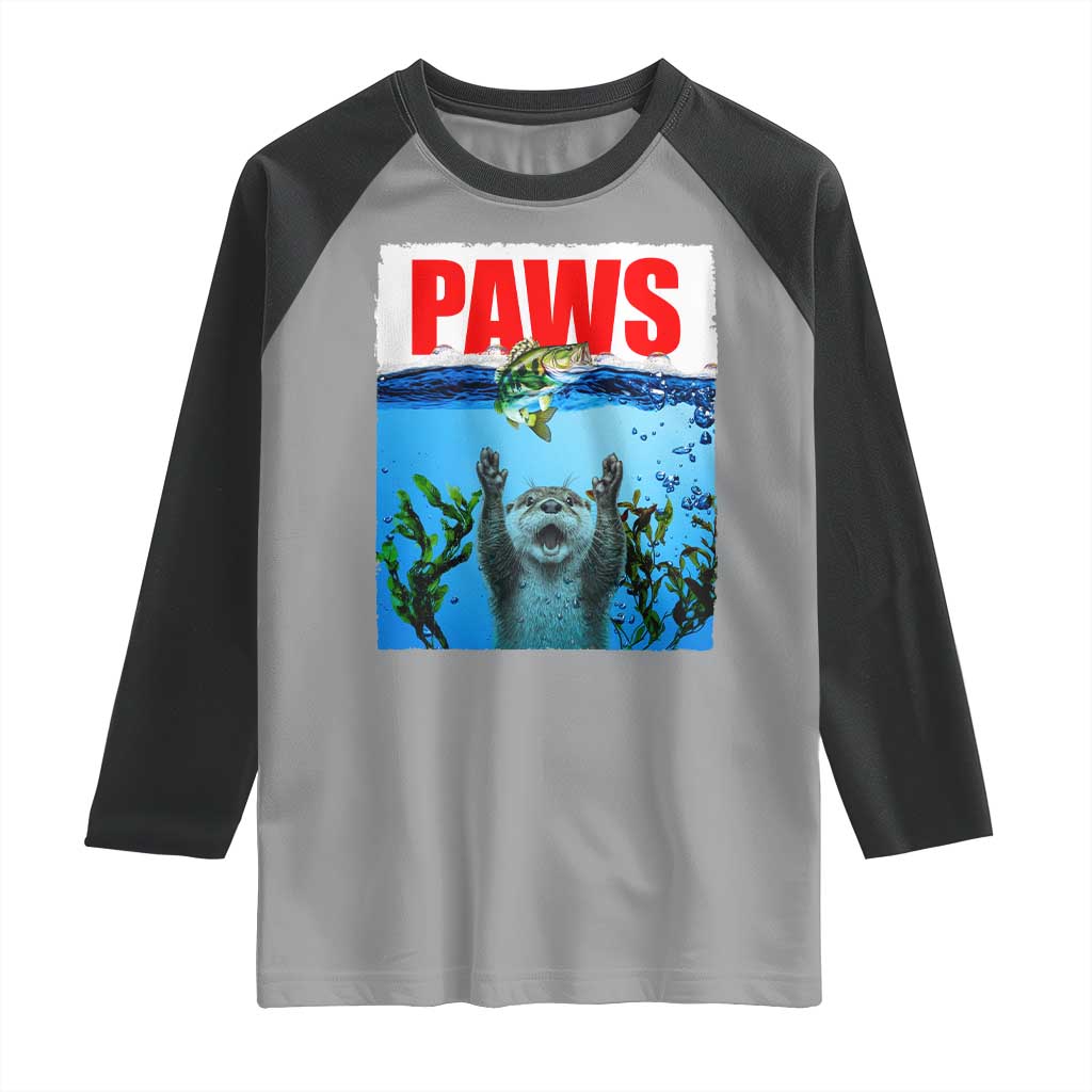 Paws Parody Raglan Shirt Otter Chasing Bass Fish Ocean - Wonder Print Shop
