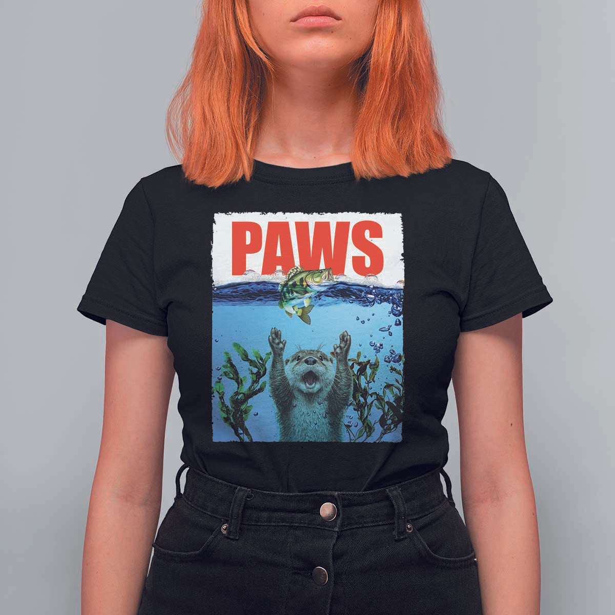 Paws Parody T Shirt For Women Otter Chasing Bass Fish Ocean - Wonder Print Shop