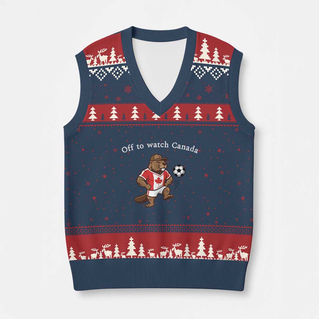 Off to Watch Canada V-Neck Knit Sweater Vest Patriotic Canadian Beaver Football Soccer Fan Gift