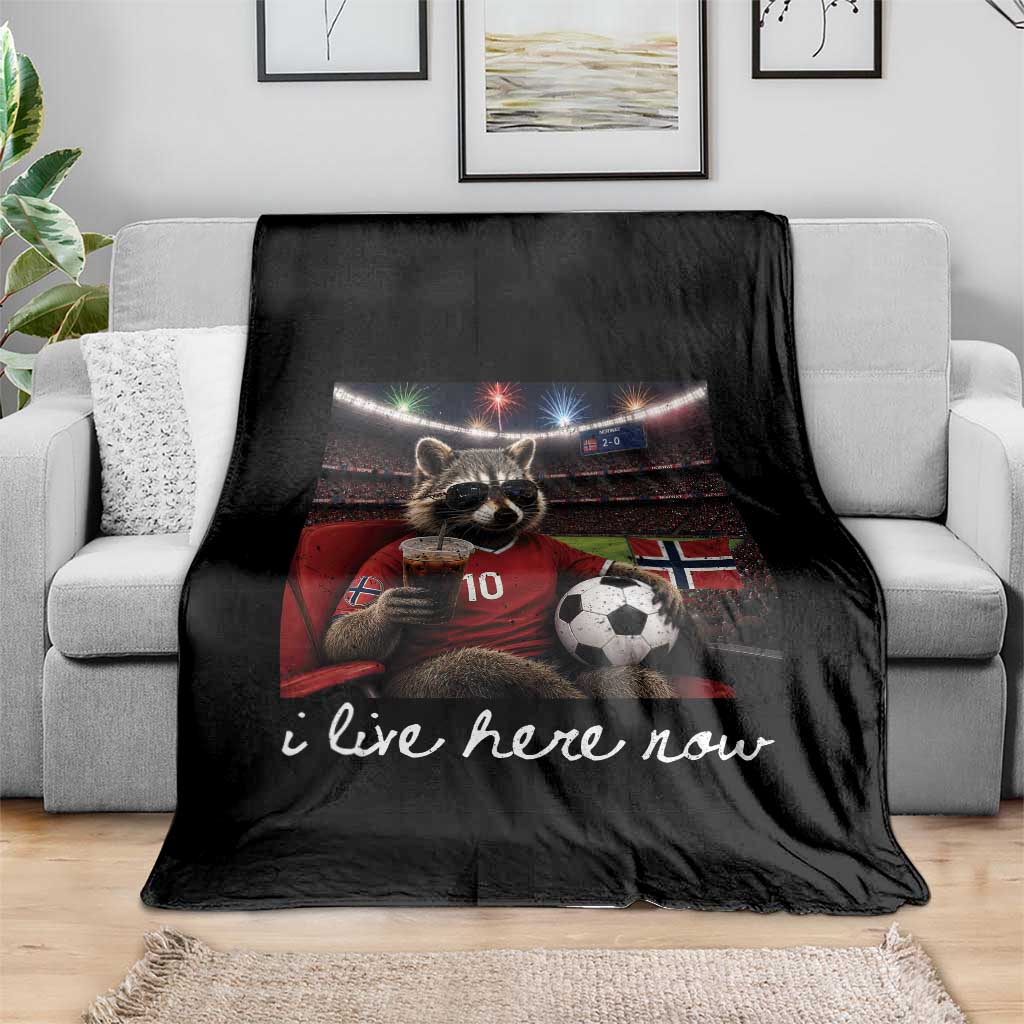 Norway Soccer Football Fan Norge Norwegian Flag Throw Blanket Funny Raccoon Drinking Iced Coffee