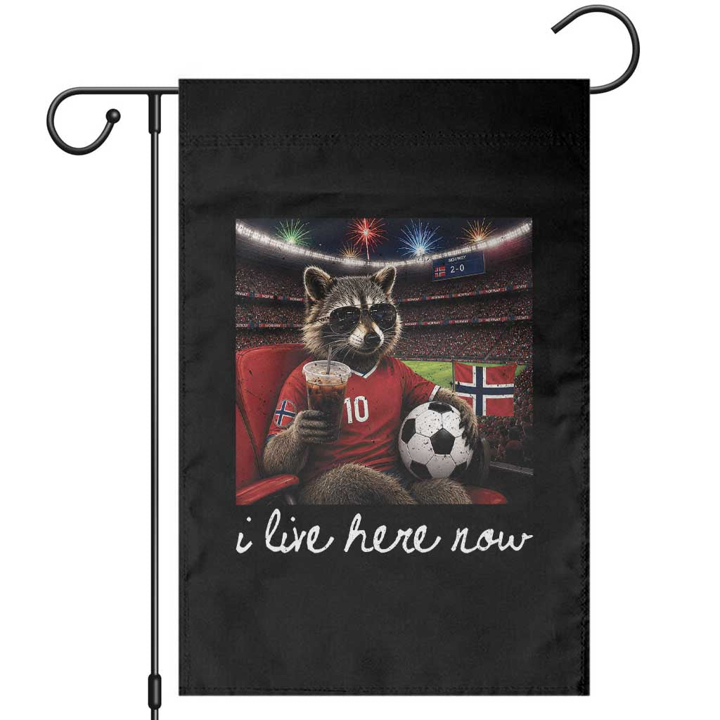 Norway Soccer Football Fan Norge Norwegian Flag Garden Flag Funny Raccoon Drinking Iced Coffee