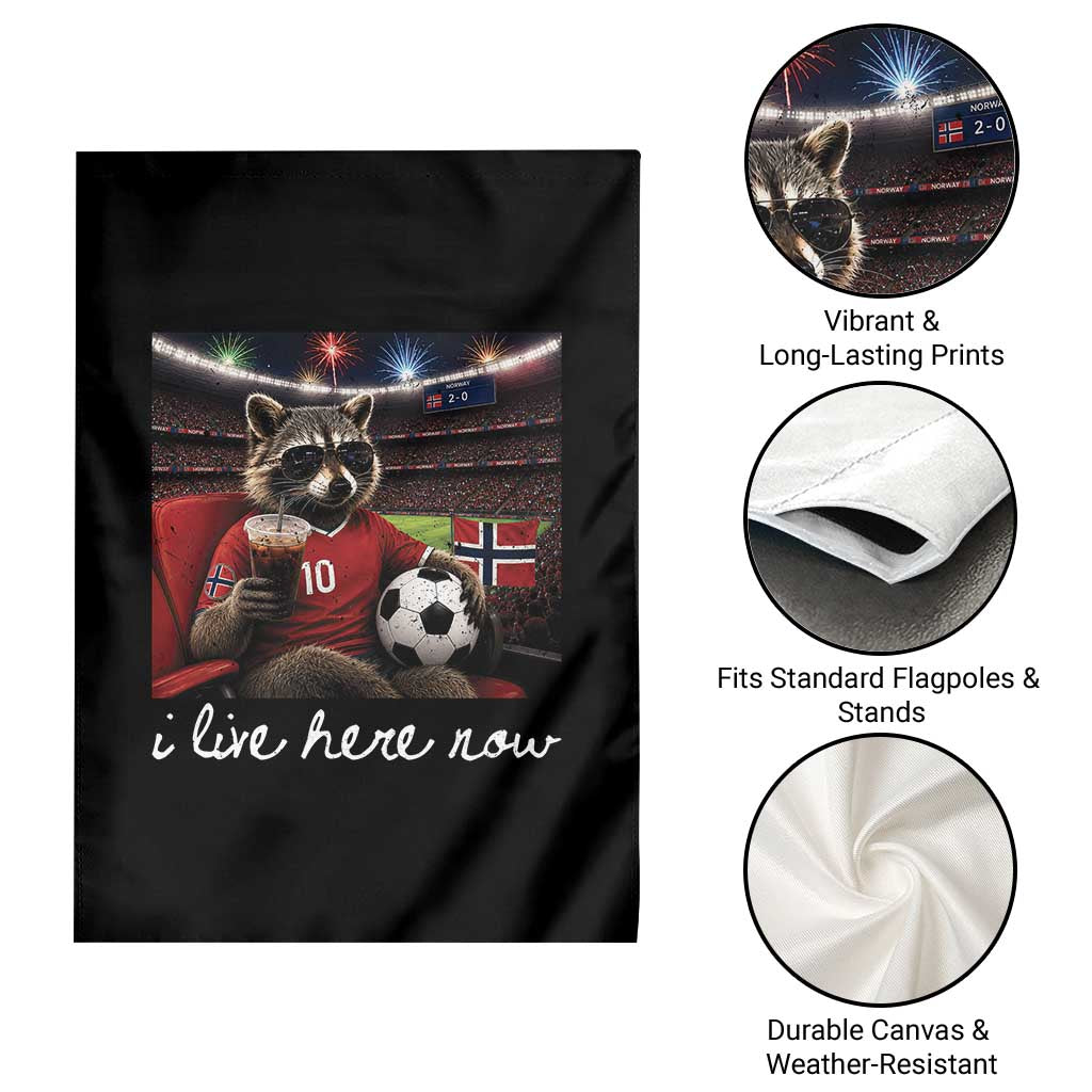 Norway Soccer Football Fan Norge Norwegian Flag Garden Flag Funny Raccoon Drinking Iced Coffee