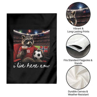 Norway Soccer Football Fan Norge Norwegian Flag Garden Flag Funny Raccoon Drinking Iced Coffee