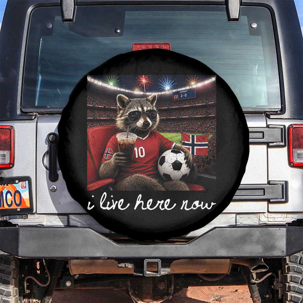 Norway Soccer Football Fan Norge Norwegian Flag Spare Tire Cover Funny Raccoon Drinking Iced Coffee