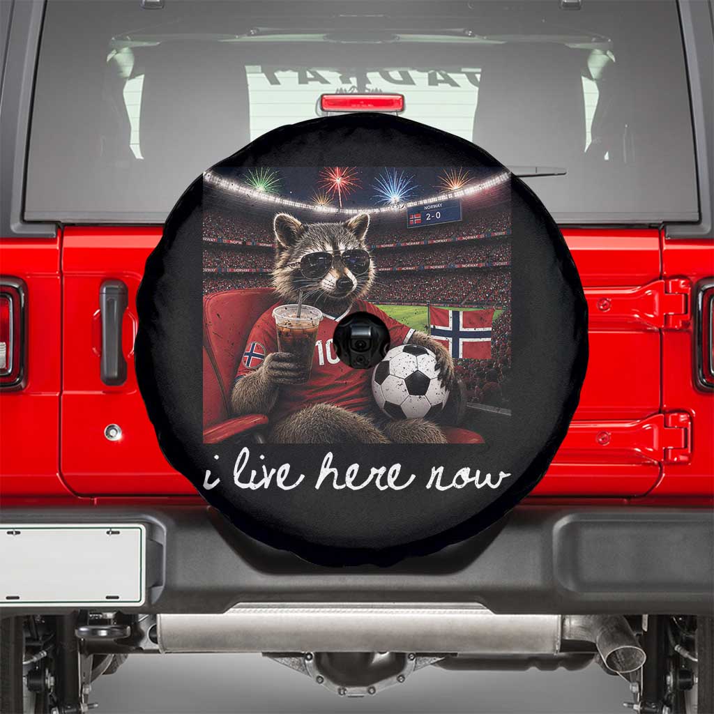 Norway Soccer Football Fan Norge Norwegian Flag Spare Tire Cover Funny Raccoon Drinking Iced Coffee