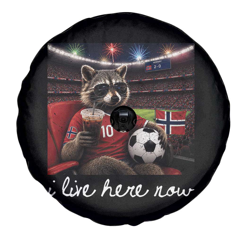 Norway Soccer Football Fan Norge Norwegian Flag Spare Tire Cover Funny Raccoon Drinking Iced Coffee