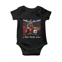 Norway Soccer Football Fan Norge Norwegian Flag Baby Onesie Funny Raccoon Drinking Iced Coffee