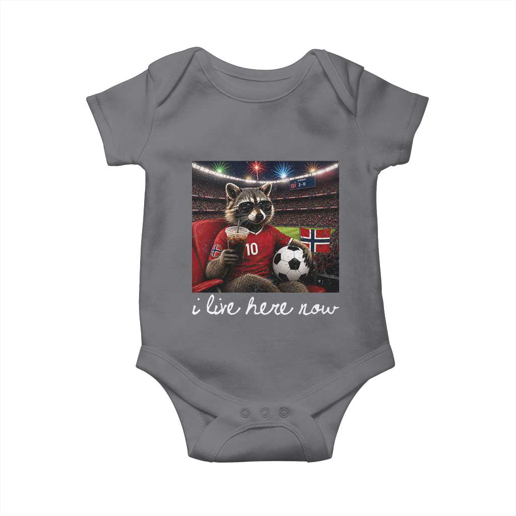 Norway Soccer Football Fan Norge Norwegian Flag Baby Onesie Funny Raccoon Drinking Iced Coffee