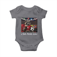 Norway Soccer Football Fan Norge Norwegian Flag Baby Onesie Funny Raccoon Drinking Iced Coffee