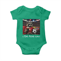 Norway Soccer Football Fan Norge Norwegian Flag Baby Onesie Funny Raccoon Drinking Iced Coffee